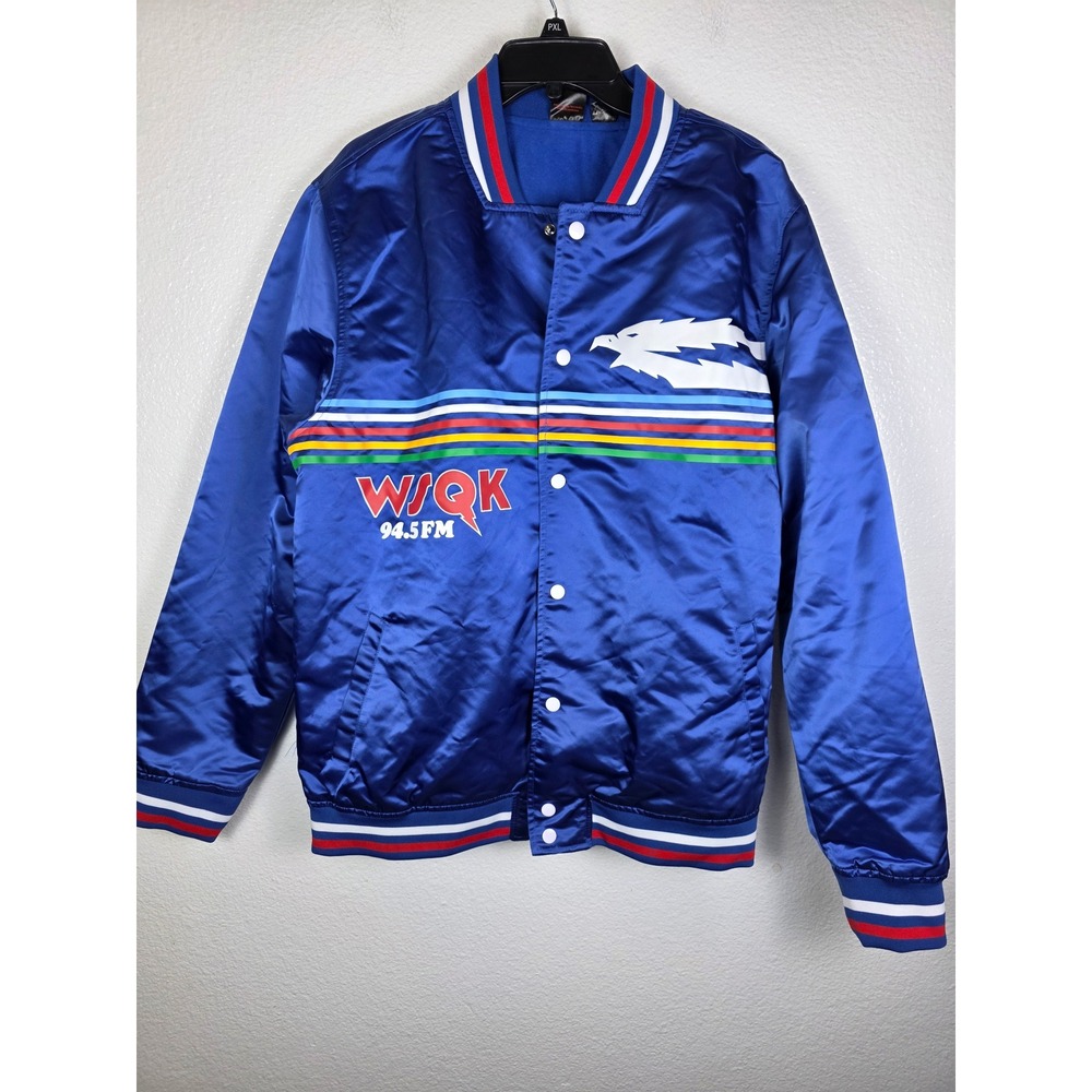 Stranger Things Netflix WIQK 94.5 FM Blue Satin‎ Bomber Jacket Mens Large Retro